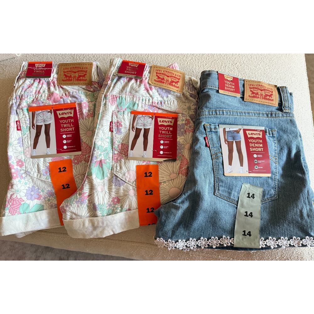 Levi's Youth Girl Denim Shorts Adjustable & Elastic Waist Sz: 12 & 14 LOT
